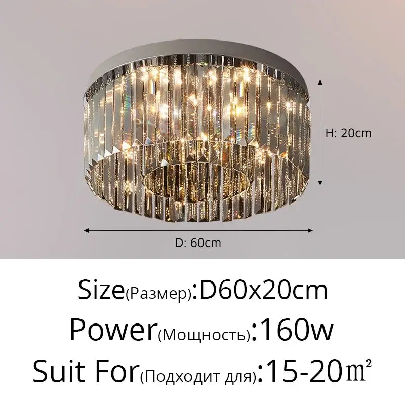 Modern decorbites crystal chandelier ceiling light with sleek chrome frame and cascading clear crystal prisms emitting warm illumination