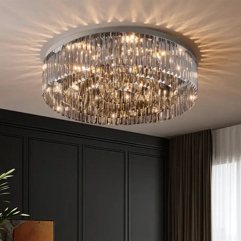 DecorBites crystal chandelier circular ceiling light with multi-tier clear faceted crystal prisms for home decor