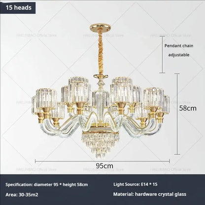 A decorbites crystal chandelier with 15 heads, golden metal frame, clear crystal glass, and adjustable pendant chain for luxury home lighting