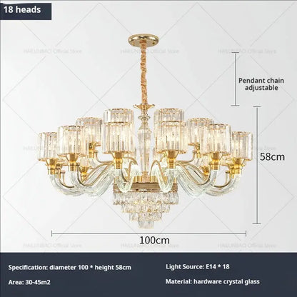 Gold-toned decorbites crystal chandelier with 18 glass shades and twisted pendant chain for luxury home lighting