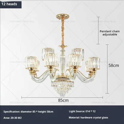 Gold-toned decorbites crystal chandelier with twelve clear glass shades and decorative pendant chain for luxury home use
