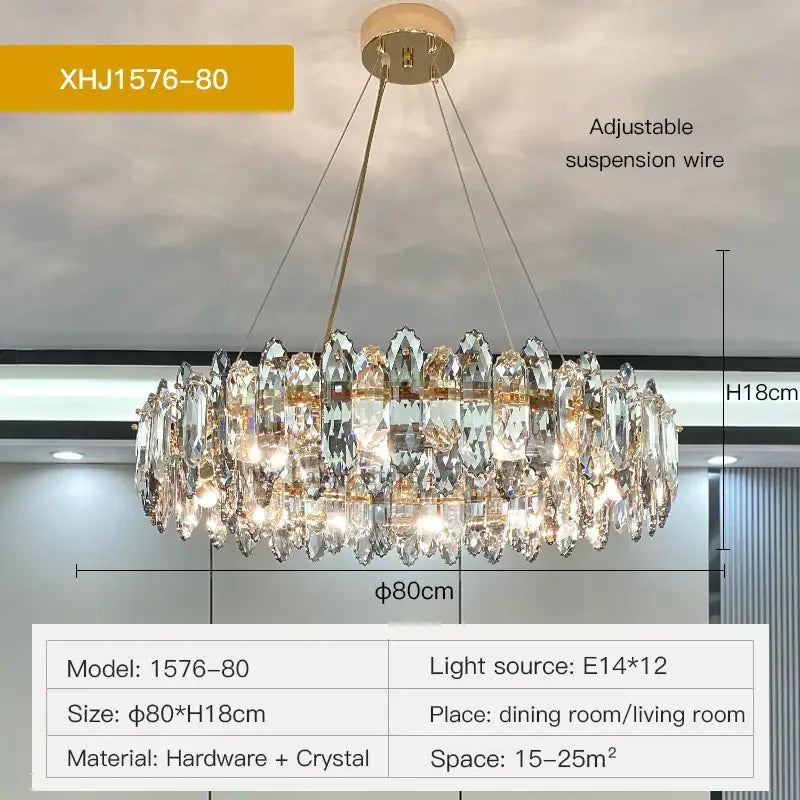 Elegant gold-toned decorbites crystal chandelier with cascading crystal droplets and circular frame for living spaces xhj1576-80