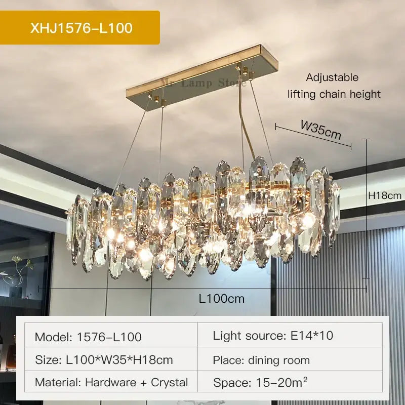 A modern decorbites crystal chandelier with a sleek metallic frame and clear crystal droplets for living spaces