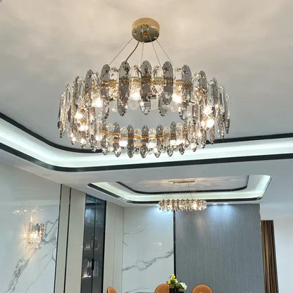 DecorBites crystal chandelier two-tiered with gold-toned metal and faceted glass for living bedroom dining rooms