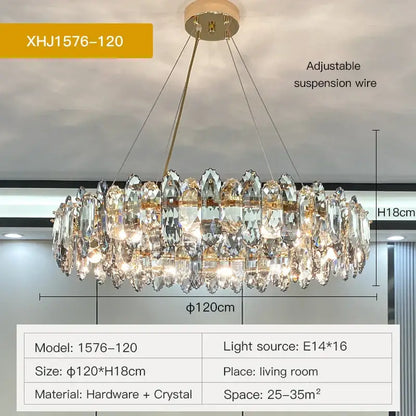Decorbites crystal chandelier with gold metal frame and faceted clear crystals for luxury living and dining rooms