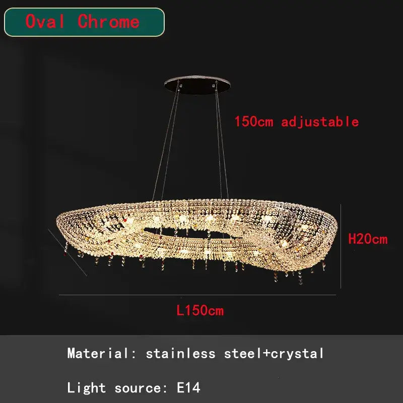 Oval chrome decorbites crystal chandelier with sparkling crystals and adjustable stainless steel frame for living and dining room