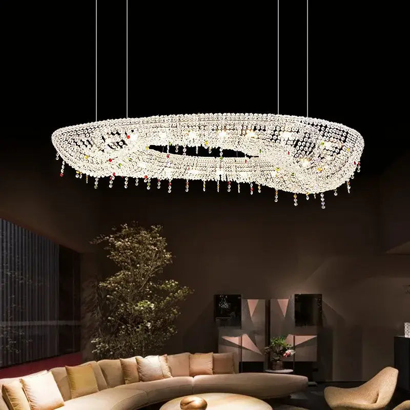 A dazzling decorbites crystal chandelier oval led pendant light with clear and colorful crystals for living room