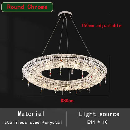 Decorbites crystal chandelier 80cm round chrome with crystal strands luxury oval led pendant light for living room