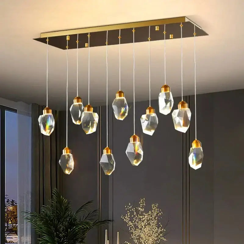 Modern rectangular decorbites crystal chandelier with gold metal frame and hanging crystal pendant light for living room
