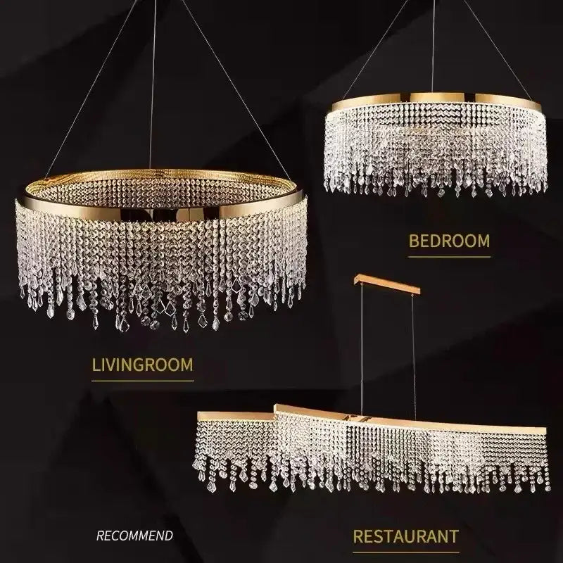 Gold-framed decorbites crystal chandelier with cascading clear crystal droplets luxury pendant light for living room
