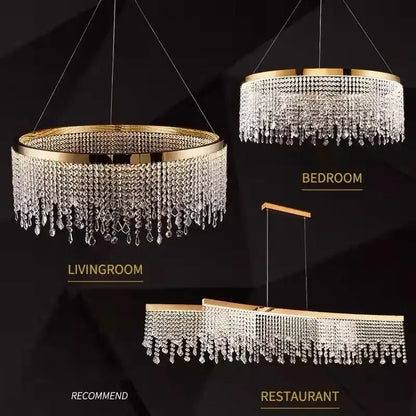 Gold-framed decorbites crystal chandelier with cascading clear crystal droplets luxury pendant light for living room
