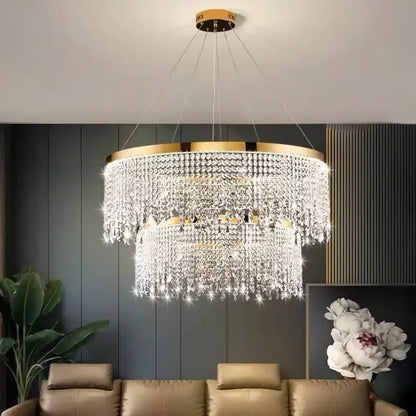 Decorbites crystal chandelier luxury pendant light with gold frame and cascading clear crystals for living dining room