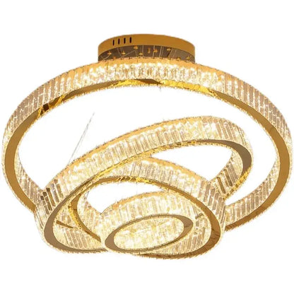 Gold-toned decorbites crystal chandelier with interlocking rings and clear faceted crystals for living room lighting