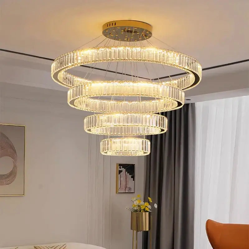 DecorBites crystal chandelier with gold ceiling mount and cascading clear faceted crystals for luxury lighting
