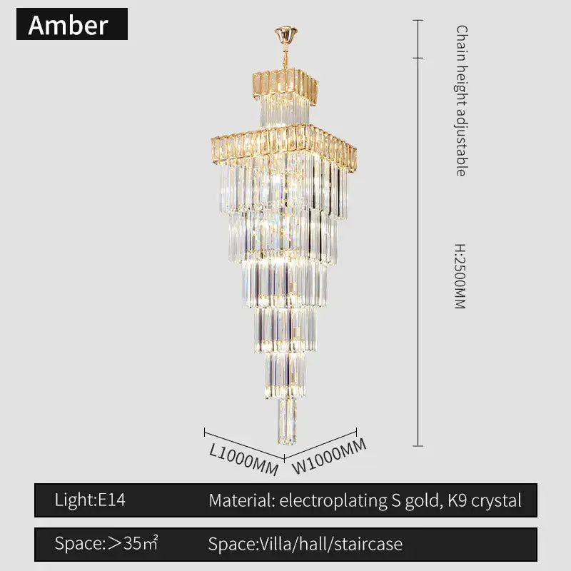 Amber tiered cascading crystal strands with gold electroplated frame in decorbites crystal chandelier for duplex loft