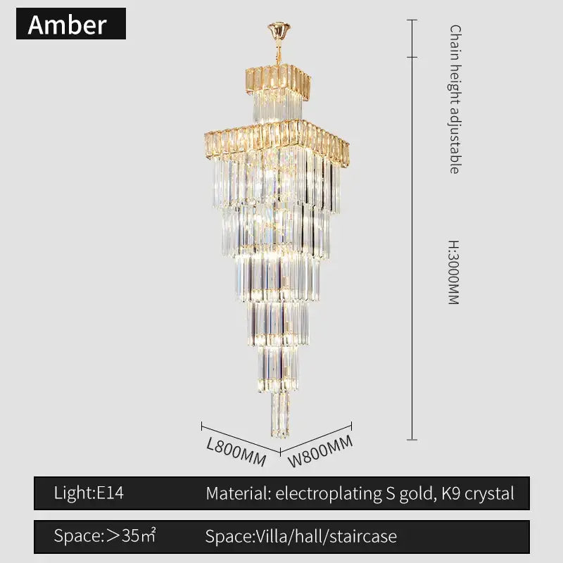 Amber decorbites crystal chandelier with tiered crystal cascades and gold electroplated frame for duplex loft staircases