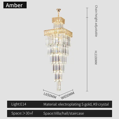 Amber DecorBites crystal chandelier with tiered cascading crystal strands and gold-plated frame for duplex loft lighting