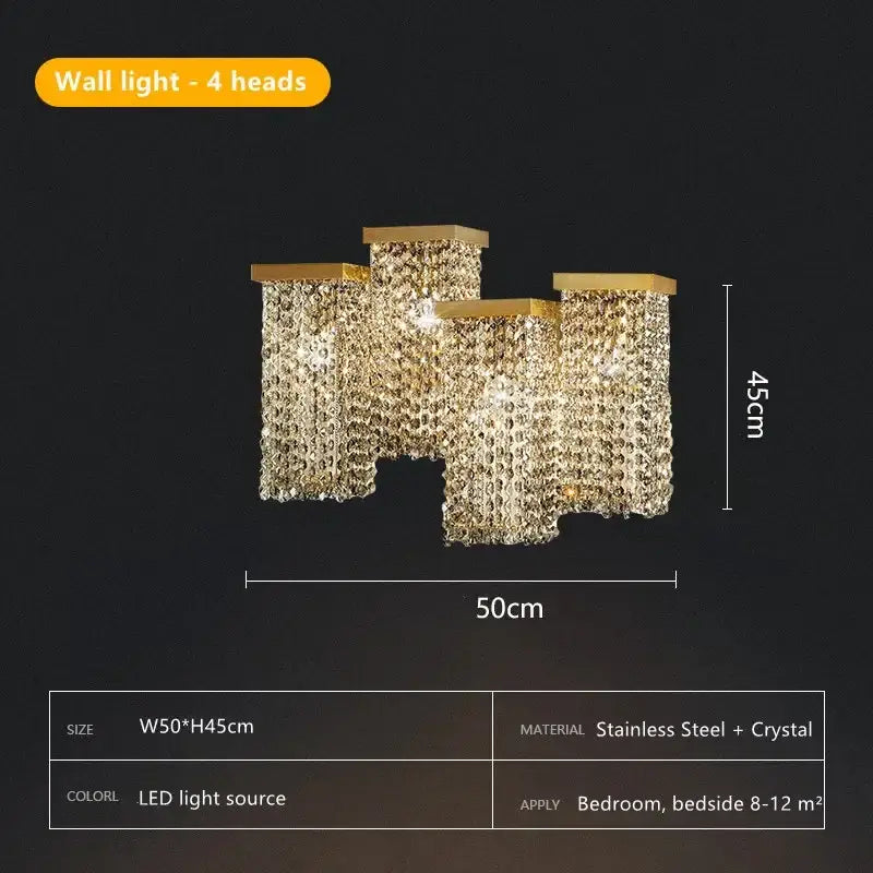 Gold-toned decorbites crystal chandelier with four crystal-encrusted heads in stainless steel for modern island lighting
