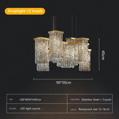 Gold-toned decorbites crystal chandelier with 12 cascading crystal pendant heads for modern bar and hotel lighting