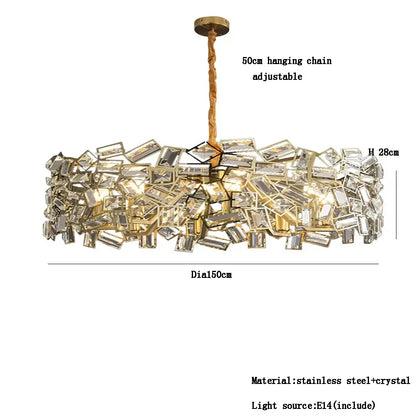 Gold-toned decorbites crystal chandelier with circular design of clear faceted crystals in stainless steel for modern bedroom lighting