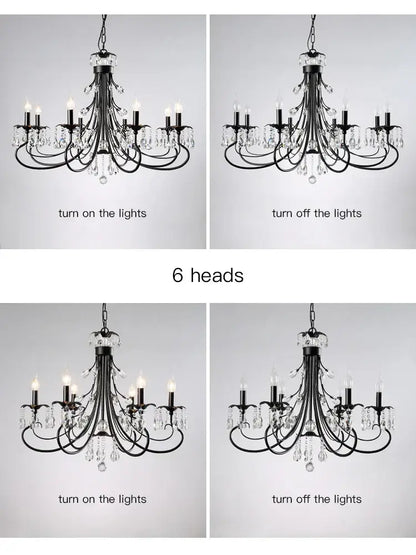 Black wrought iron decorbites crystal chandelier with six candle-style E14 lights for modern living room decor