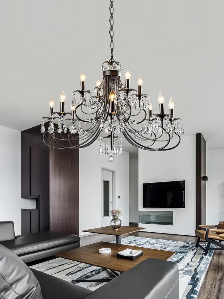Antique bronze decorbites crystal chandelier with candle-style bulbs and crystal droplets for living room lighting