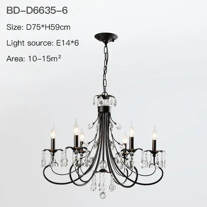 Black wrought iron decorbites crystal chandelier with crystal droplets and candle style bulbs for living room lighting