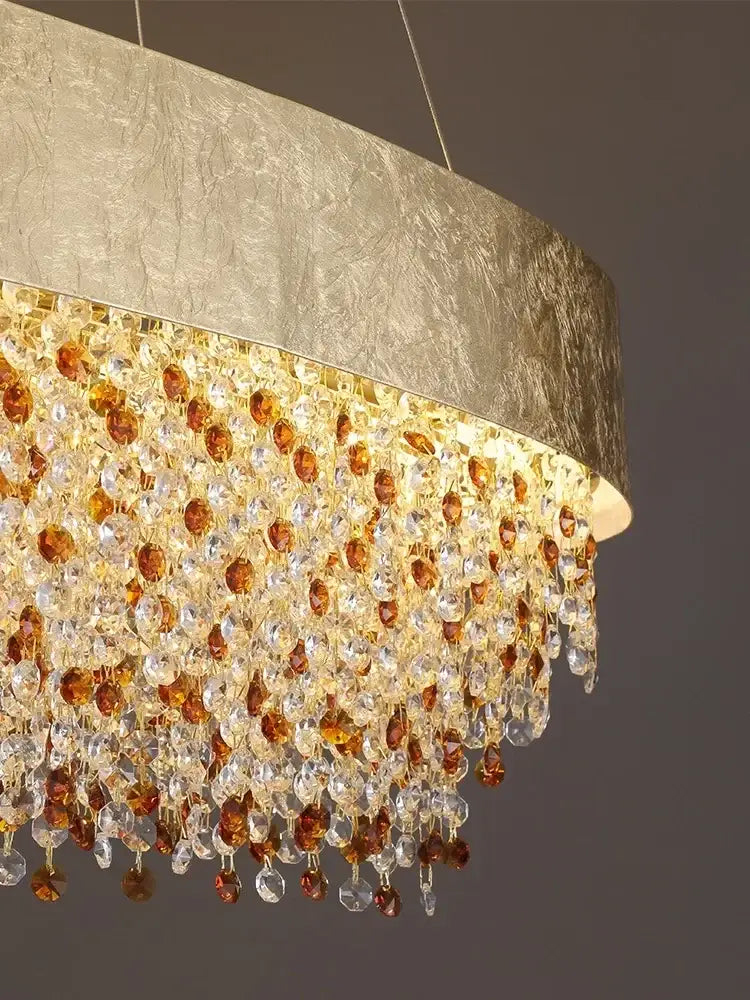 Luxurious decorbites crystal chandelier with textured metallic shade and clear amber crystal beads for living room use