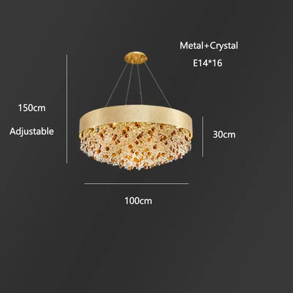 Gold-toned decorbites crystal chandelier with metallic frame and cascading crystals for living room and lobby lighting
