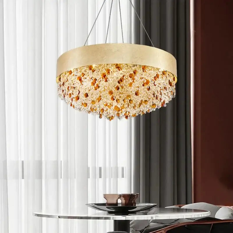 Gold-toned decorbites crystal chandelier with cascading amber and clear crystal beads for living room and kitchen island