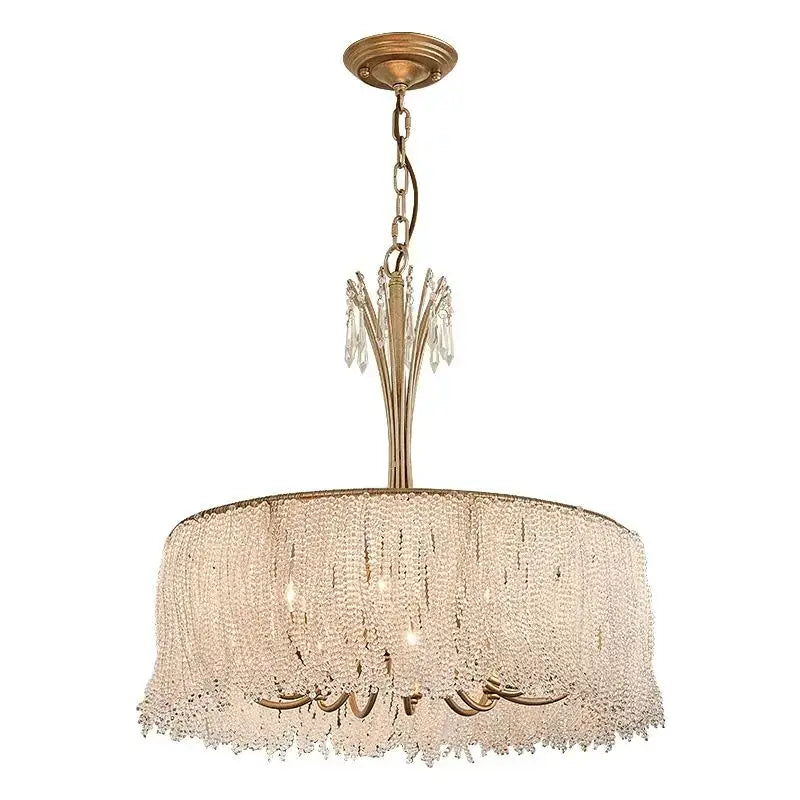 A gold-toned decorbites crystal chandelier with cascading clear glass crystal beads for villa hall and bedroom lighting