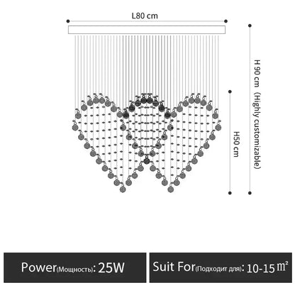 A modern heart-shaped decorbites crystal chandelier with metallic frame and dangling crystals for dining room lighting