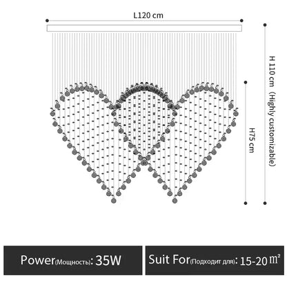 DecorBites crystal chandelier features a black beaded curtain with three heart patterns and adjustable hanging strands
