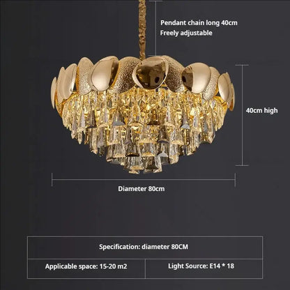 Gold-toned decorbites crystal chandelier with tiered polished discs and cascading prisms for modern elegance