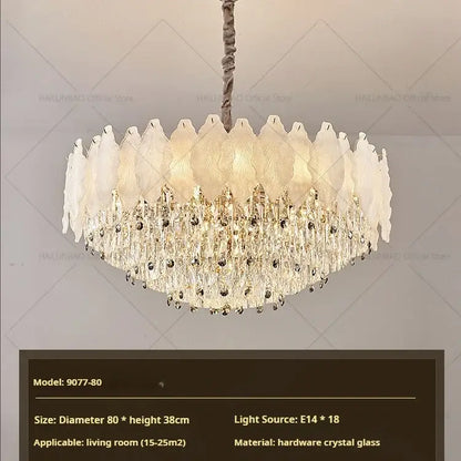 Elegant white and gold DecorBites crystal chandelier with leaf-shaped glass panels for modern elegance lighting