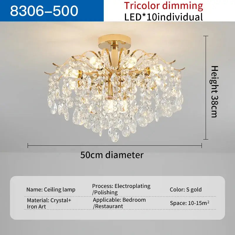 Decorbites crystal chandelier with gold trim and 10 tricolor led lights for modern elegant living spaces