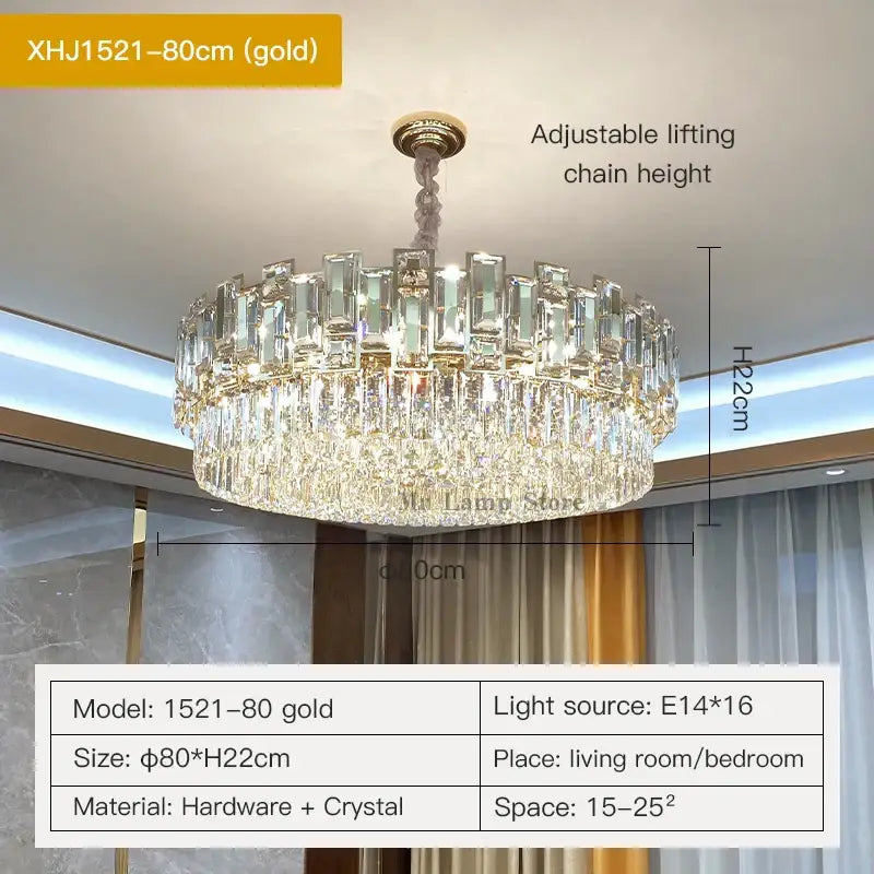 Gold-finished decorbites crystal chandelier with two tiers of clear crystal prisms hanging from adjustable chain