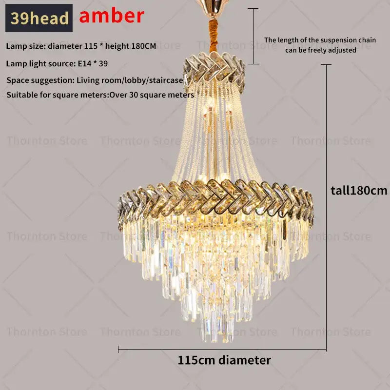 Decorbites crystal chandelier featuring 39 amber heads with golden frame and cascading prisms for luxury villa stair lighting