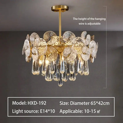 Gold-finished decorbites crystal chandelier with clear petal-shaped glass discs and dangling crystal teardrops for living room