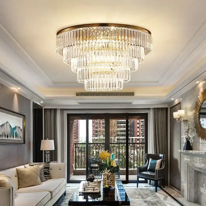 Decorbites crystal chandelier with a gold-toned frame and clear glass prisms for modern indoor lighting