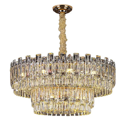 Decorbites crystal chandelier with multi-tiered clear glass prisms and gold-toned metal mount for luxury interiors