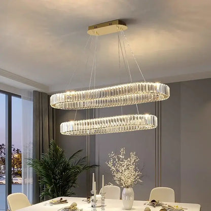 Modern decorbites crystal chandelier with double-ring clear crystal rods and gold-toned ceiling mount for living room