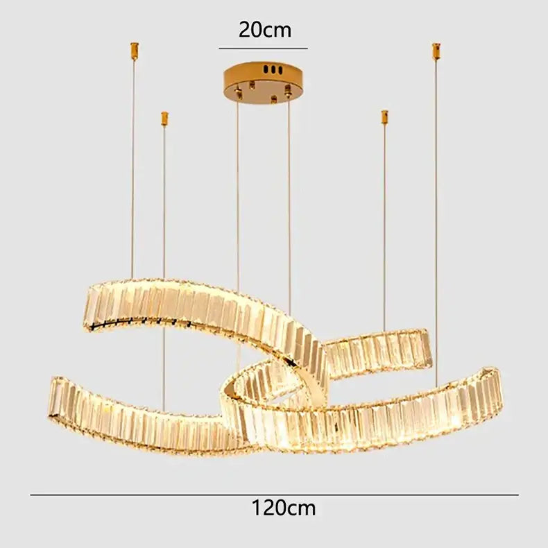 Gold-toned DecorBites crystal chandelier pendant light with two interlocking curved rings and faceted crystals for modern interiors