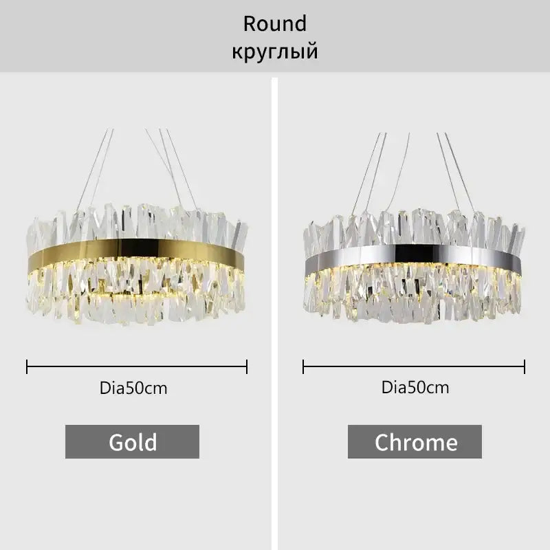 Round decorbites crystal chandelier with gold chrome band and clear crystal shards for modern living room lighting