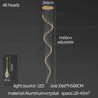 Decorbites crystal chandelier with 48 adjustable teardrop led lights and gold aluminum base for modern interiors