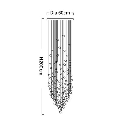 A modern decorbites crystal chandelier with cascading thin rods and geometric crystal elements for staircases and lobbies