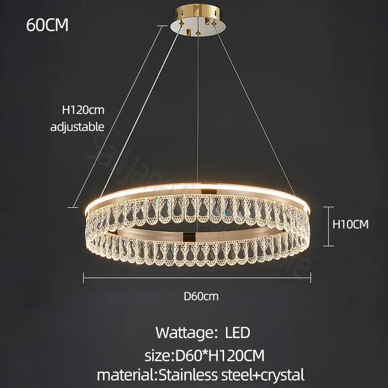 A modern decorbites crystal chandelier with gold-toned stainless steel frame and led-lit crystal droplets for elegant living spaces