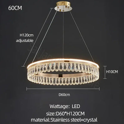 A modern decorbites crystal chandelier with gold-toned stainless steel frame and led-lit crystal droplets for elegant living spaces