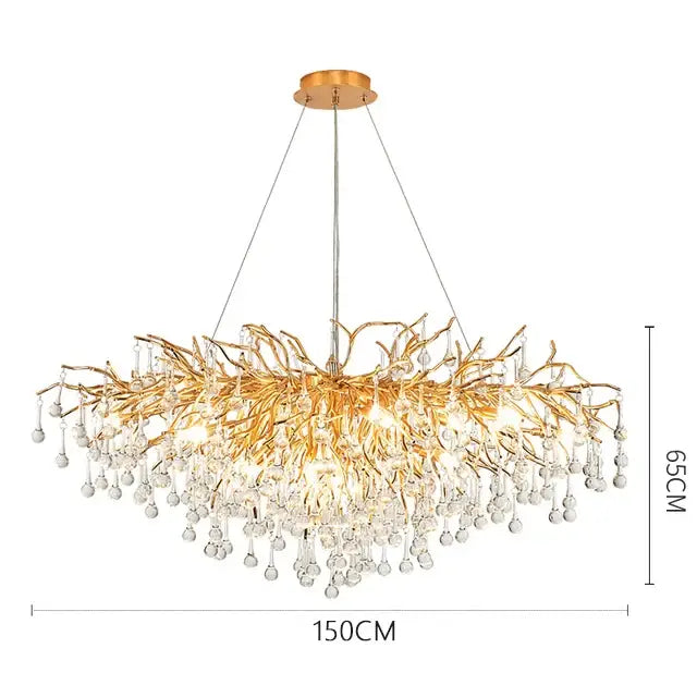 Gold-toned decorbites crystal chandelier with intricate branch arms and cascading clear crystal droplets for living room lighting