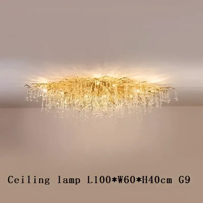 Golden crystal chandelier with cascading droplets and modern design for living room by DecorBites crystal chandelier